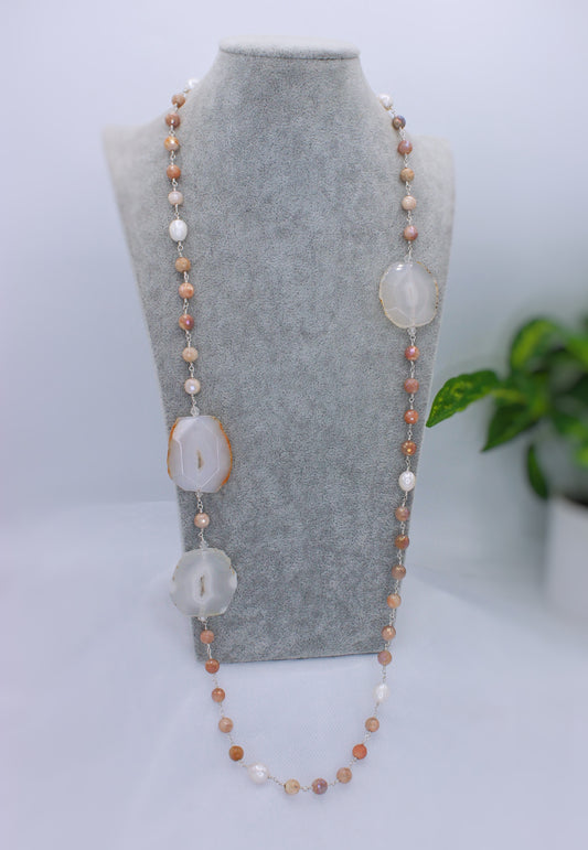 Agate Slice and Peach Moonstone Throw-on Bead Necklace