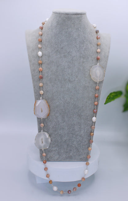 Agate Slice and Peach Moonstone Throw-on Bead Necklace